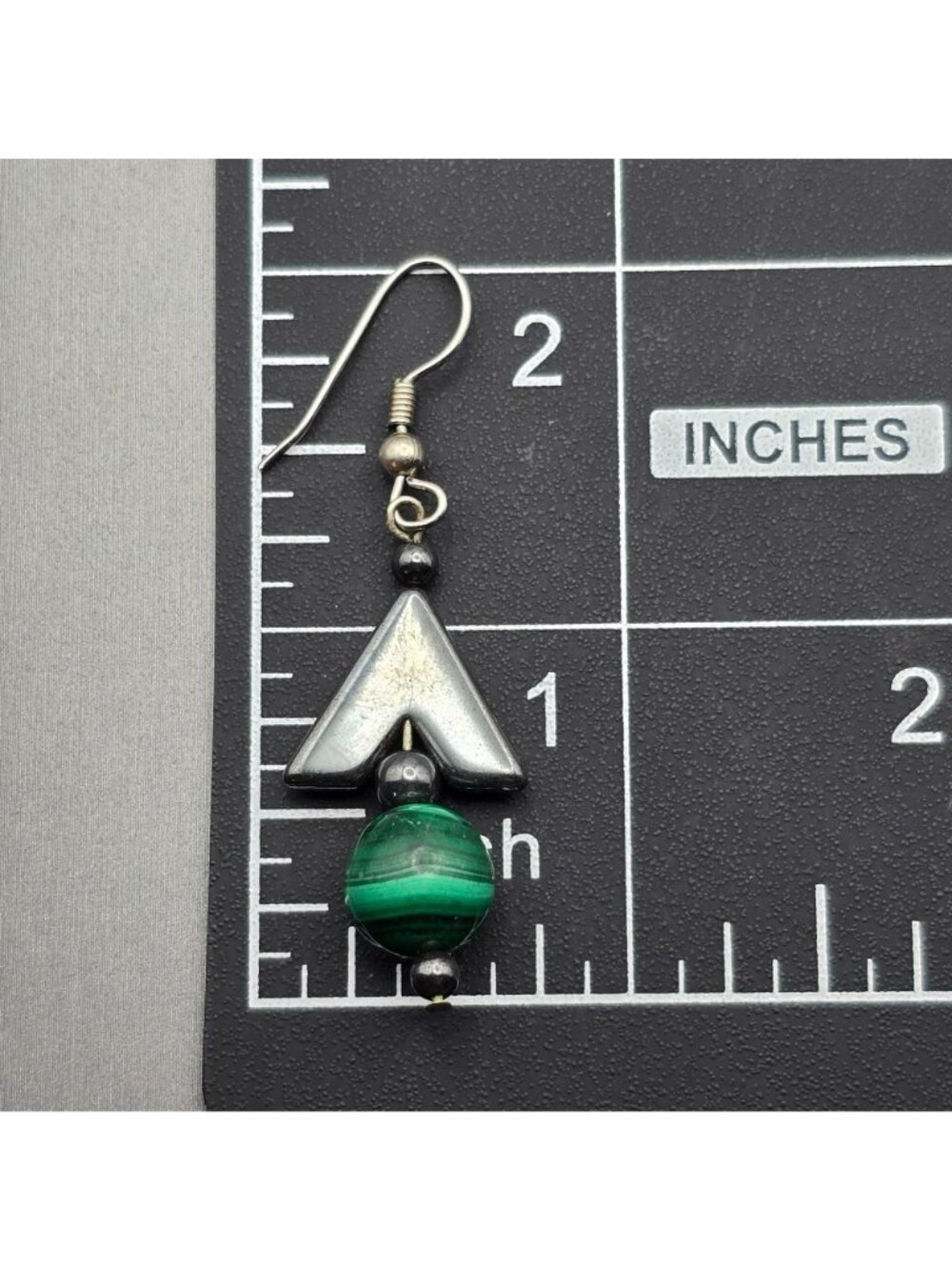 Vintage Malachite Hematite Arrowhead Drop Earrings Sterling Silver Boho Dangle - Picture 5 of 8